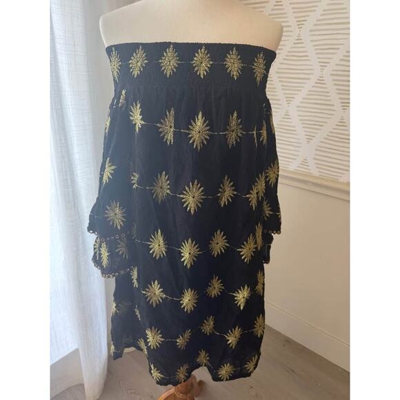 Boston Proper Women’s Large Black & Gold Metallic Detail Off-The-Shoulder Dress - Picture 3 of 7